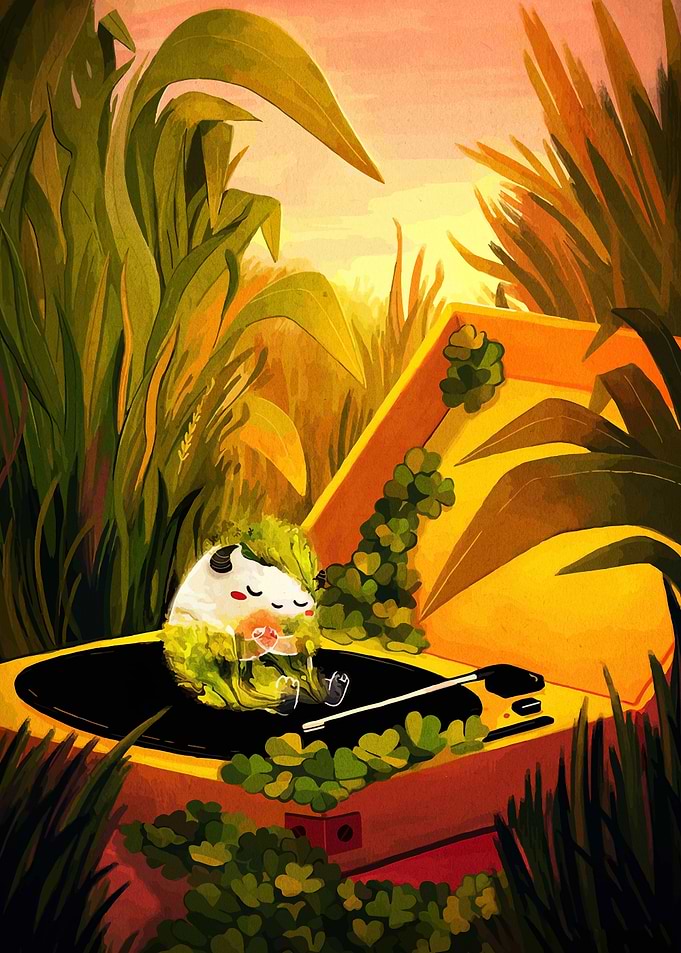 Cute Character on Record Player in Nature