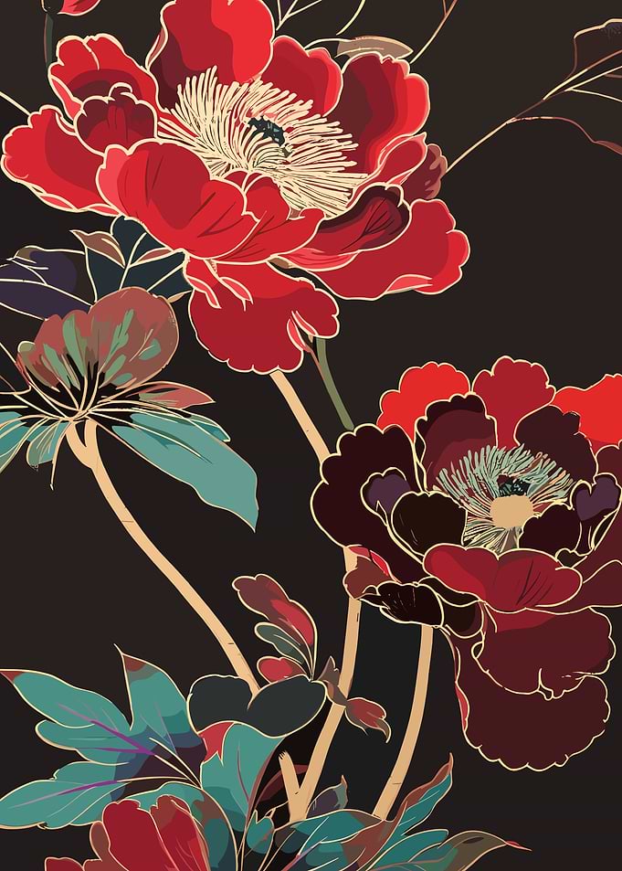 Floral Pattern with Red Peonies