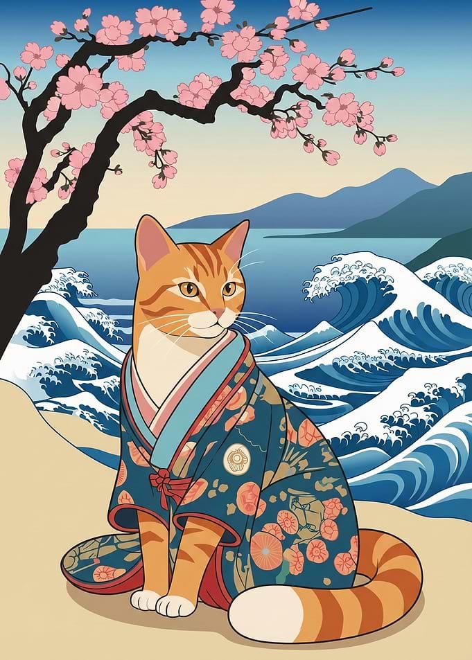 Cat in Kimono by the Sea