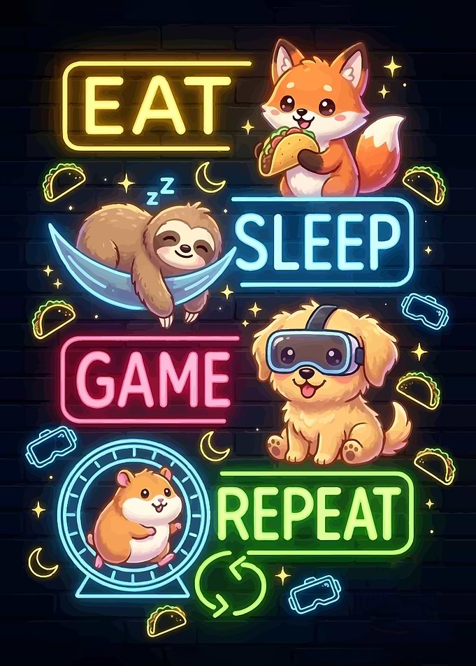 Eat Sleep Game Repeat Neon Animals