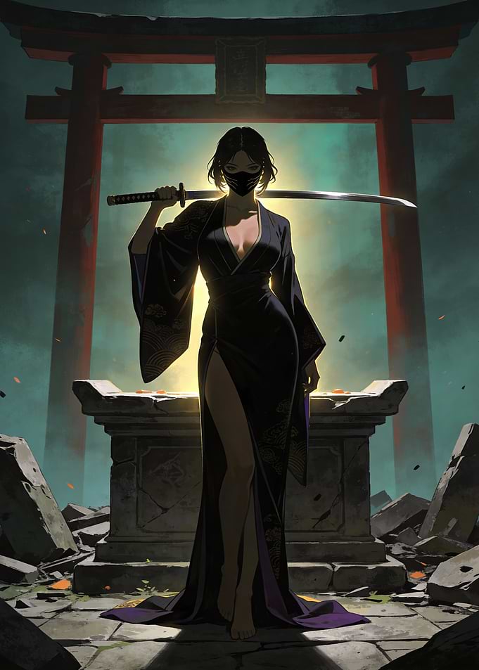 Female Ninja with Katana at Shrine