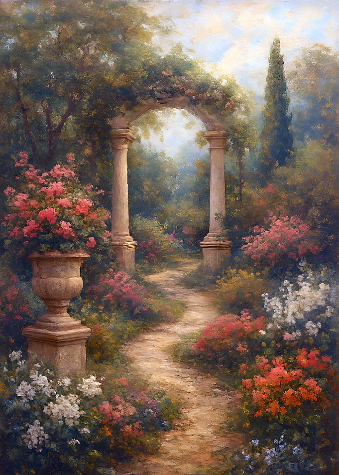 Romantic Garden Path with Stone Arch