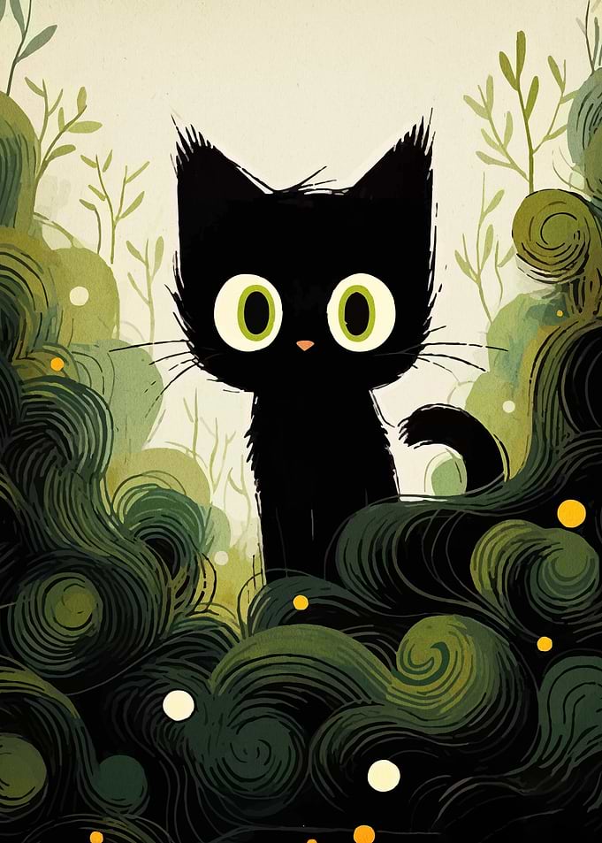 Cute Black Cat in Greenery