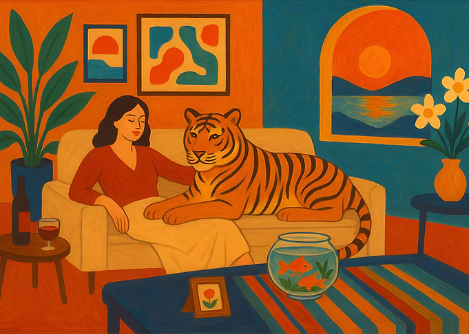Woman, Tiger, and Goldfish Still Life