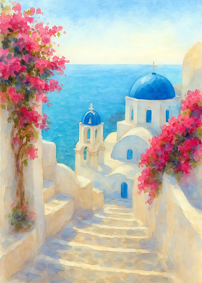 Santorini Greece Watercolor Painting