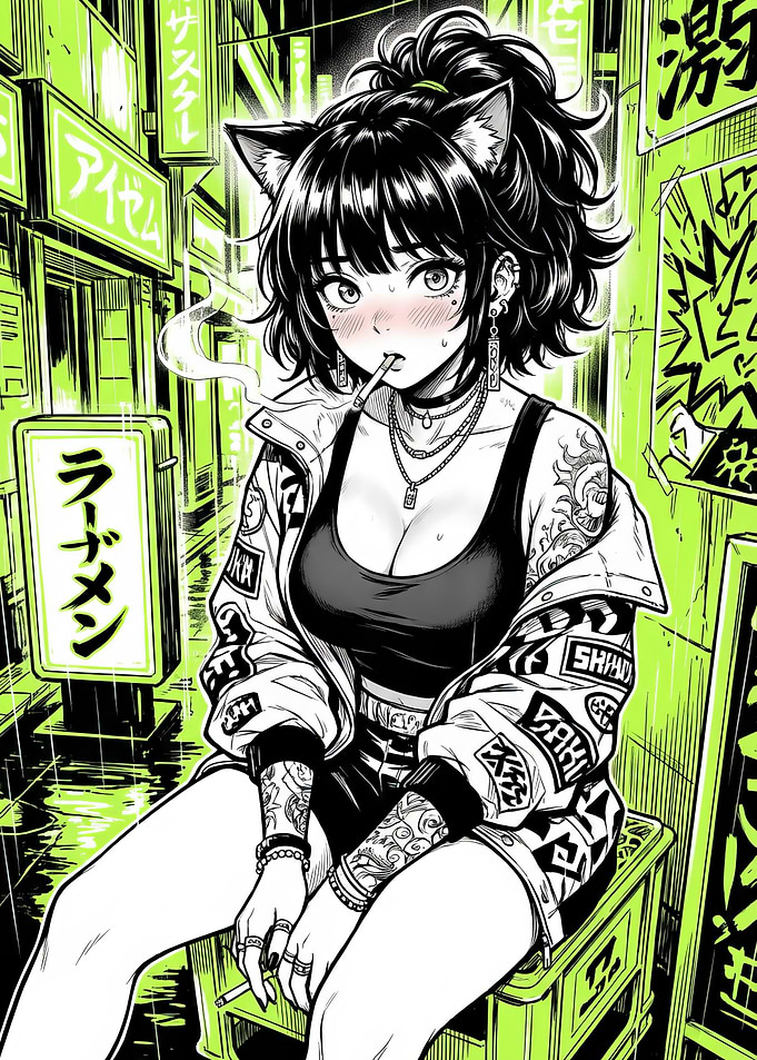 Anime Girl with Cat Ears Smoking