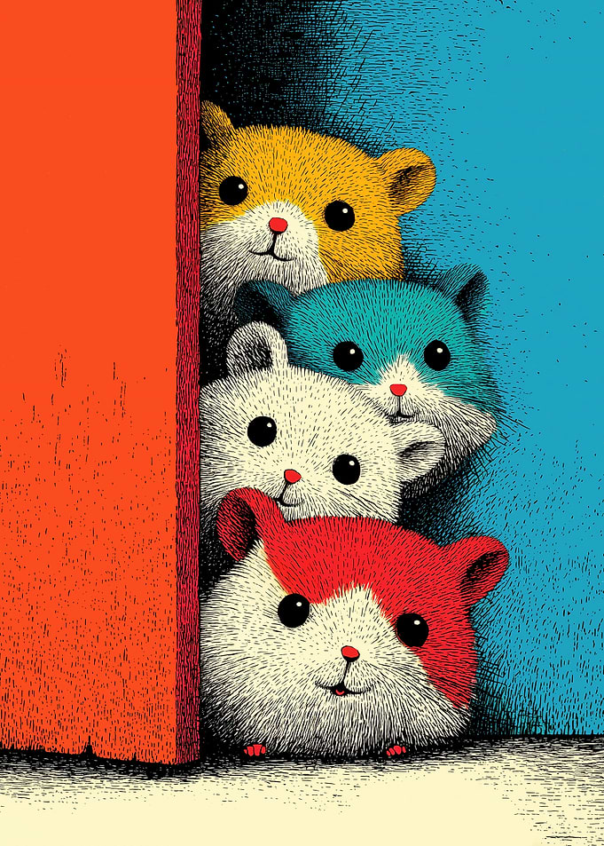 Peek-a-Boo Hamsters — Playful Whimsical Retro Hamster Illustration for Bathroom, Nursery & Playrooms