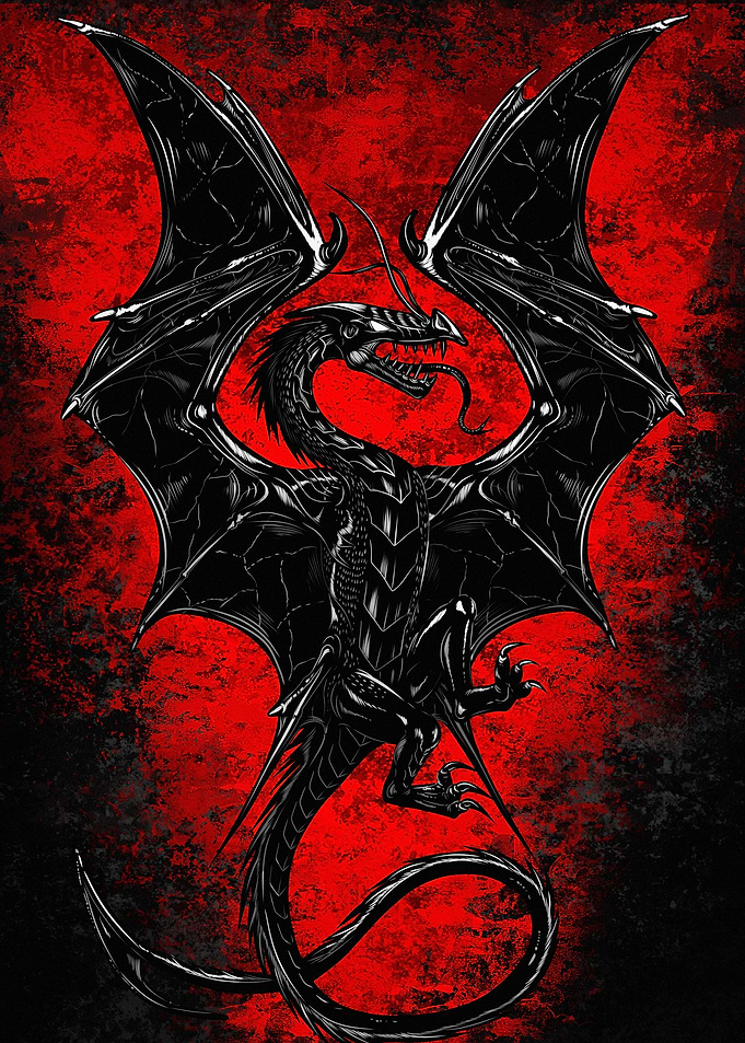 Black Dragon on Red Grunge Background