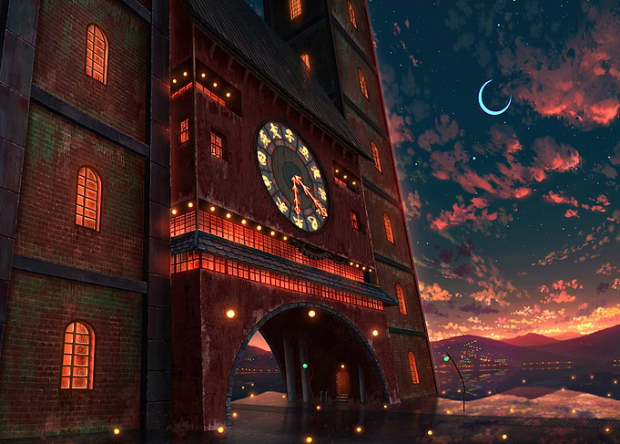 Anime Clock Tower at Night