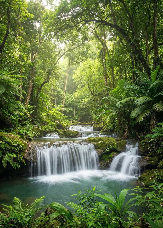 Tropical Waterfall in Lush Green Forest