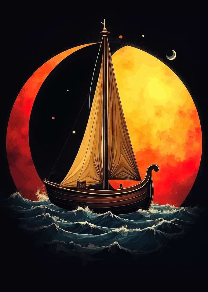 Sailboat at Sea with Lunar Backdrop