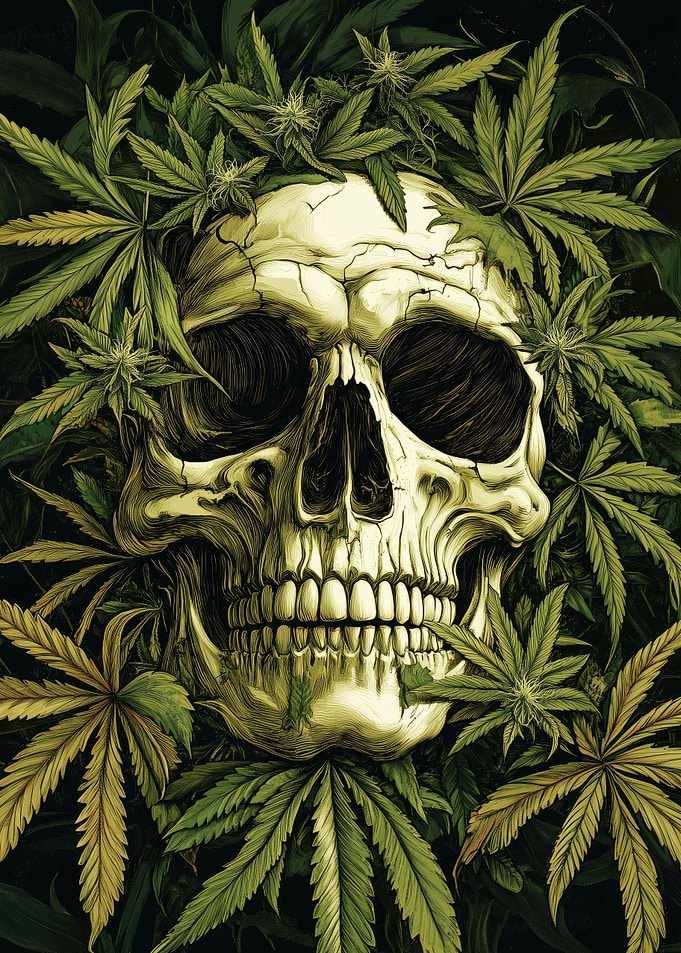 Skull Surrounded by Cannabis Leaves