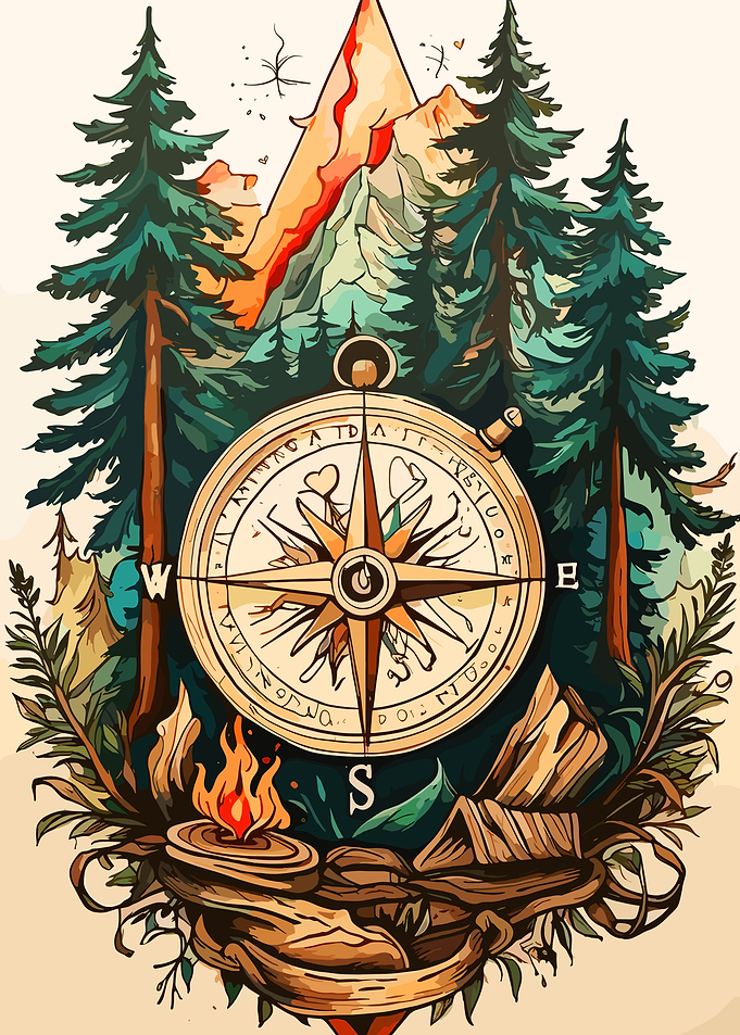 Compass, Mountain, and Forest Illustration