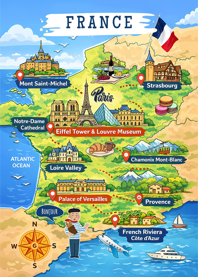 France Travel Map Cartoon Illustration