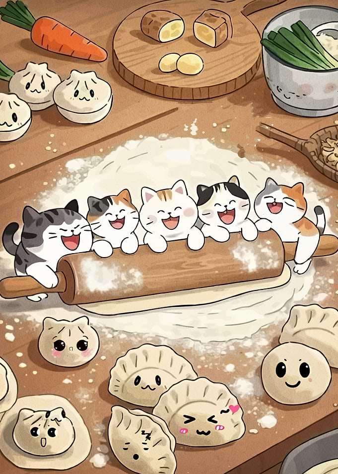 Cats making dumplings