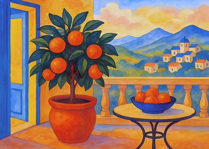 Orange Tree Overlooking a Village