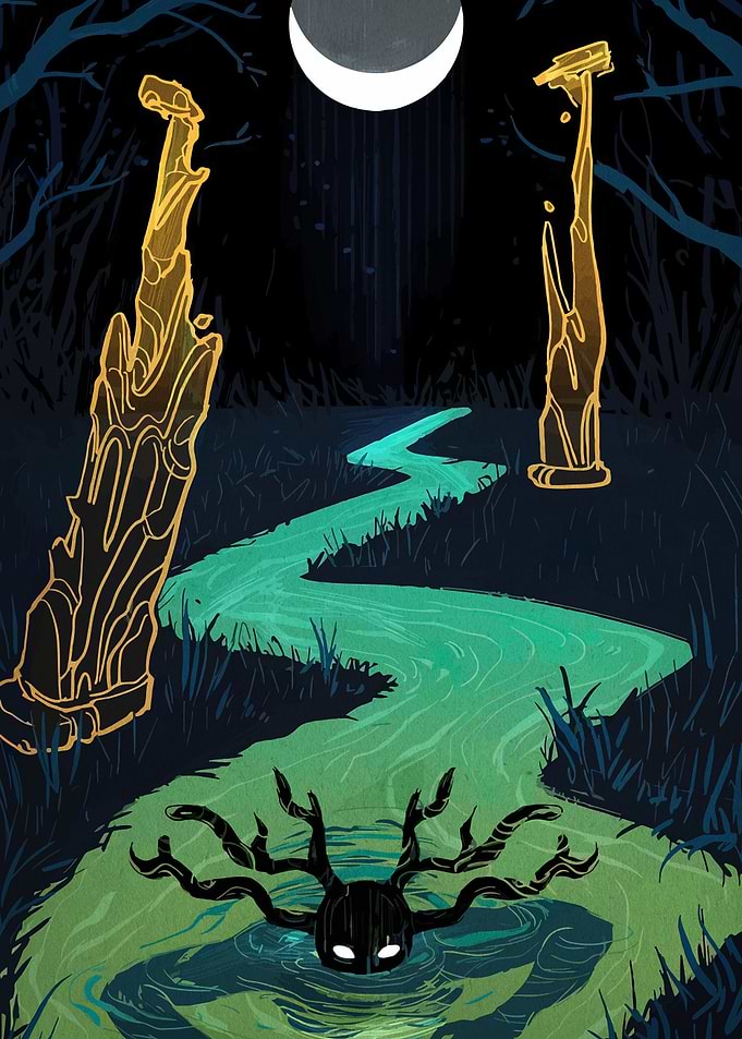 Mystical River Scene with Glowing Elements