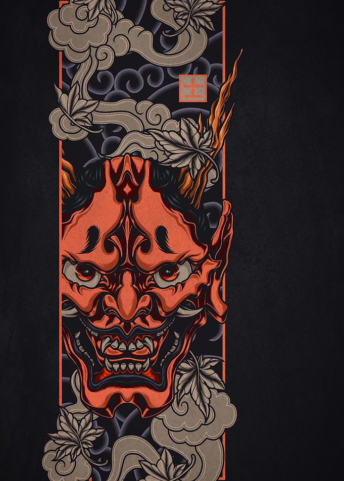 Japanese Oni Mask with Maple Leaves