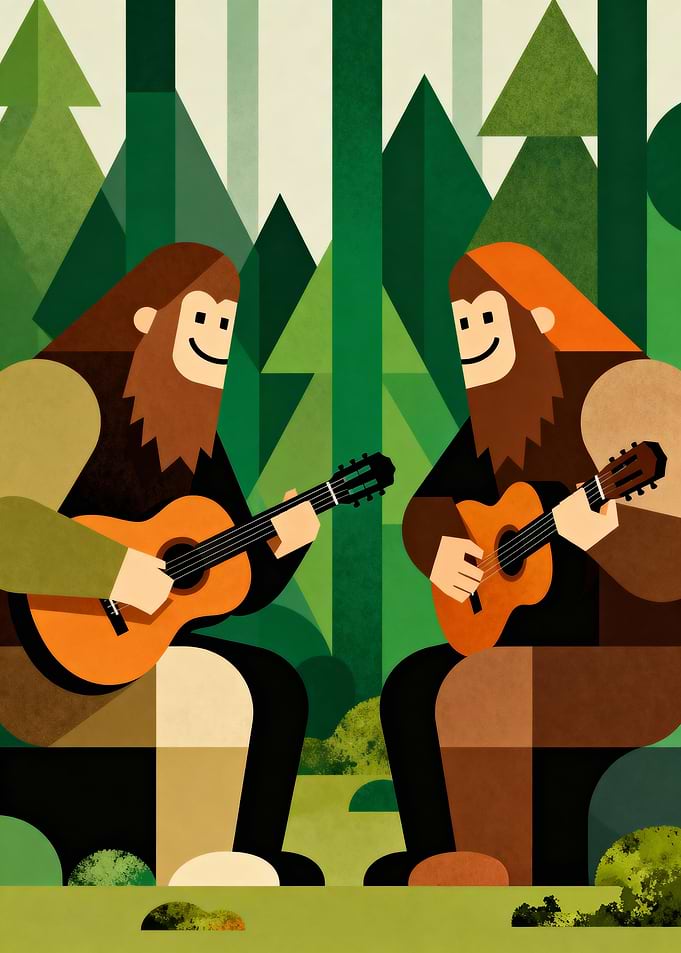 Bigfoot Guitar Duet in Geometric Forest