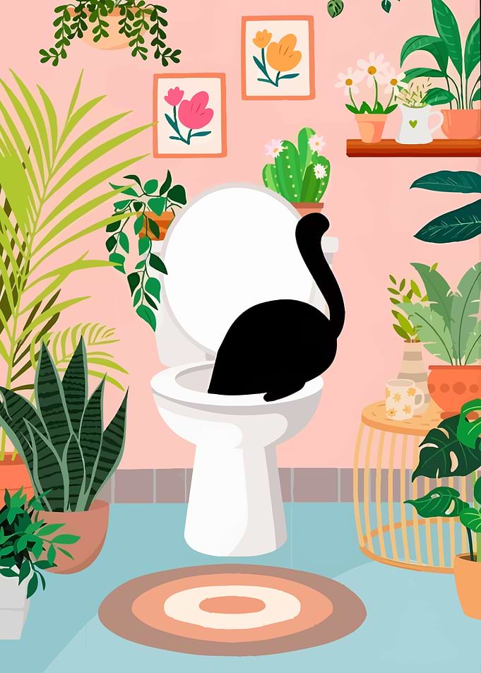 Cat in Toilet Surrounded by Plants
