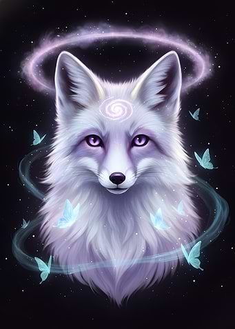 Mystical White Fox with Butterflies
