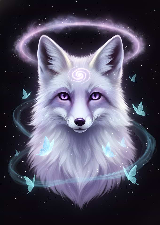 Mystical White Fox with Butterflies