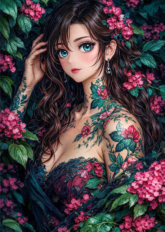 Anime Girl with Floral Tattoos