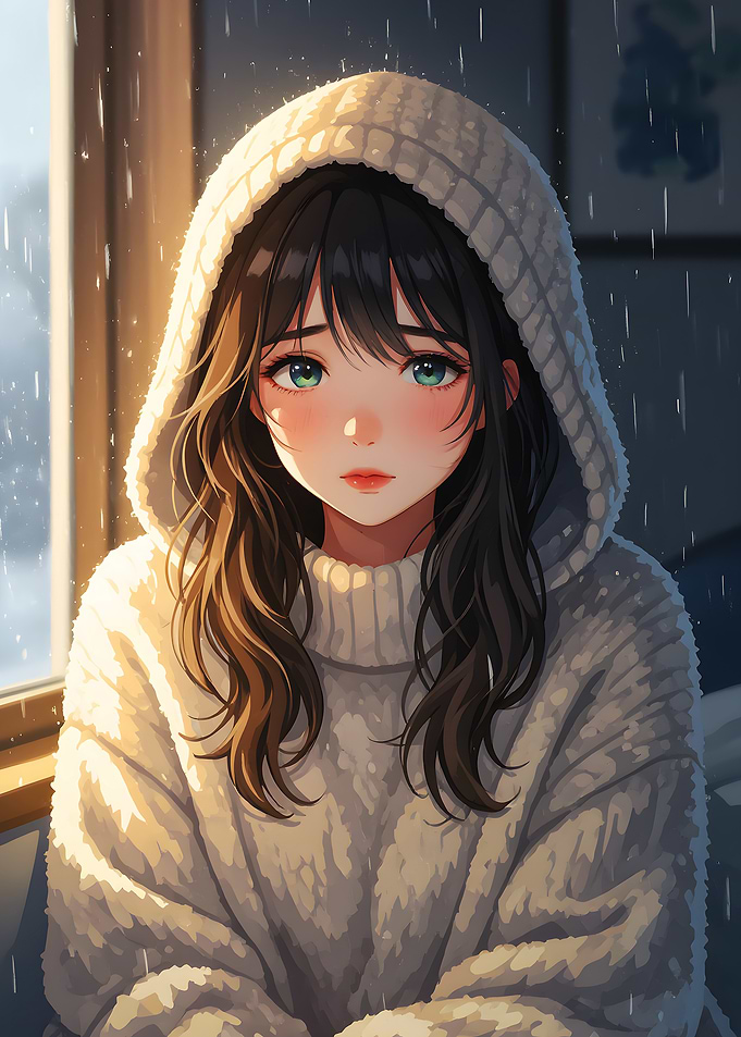 Anime Girl in Hoodie on Rainy Day