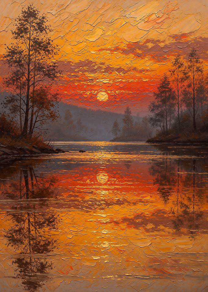 Golden Sunset River Landscape Painting