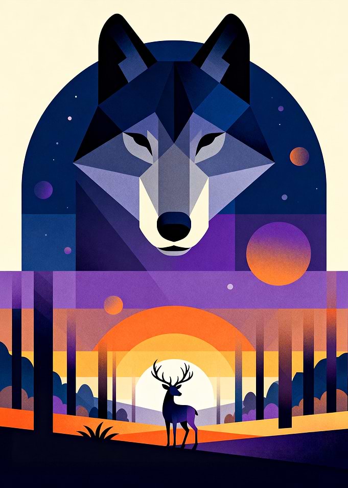 Geometric Wolf and Deer Landscape