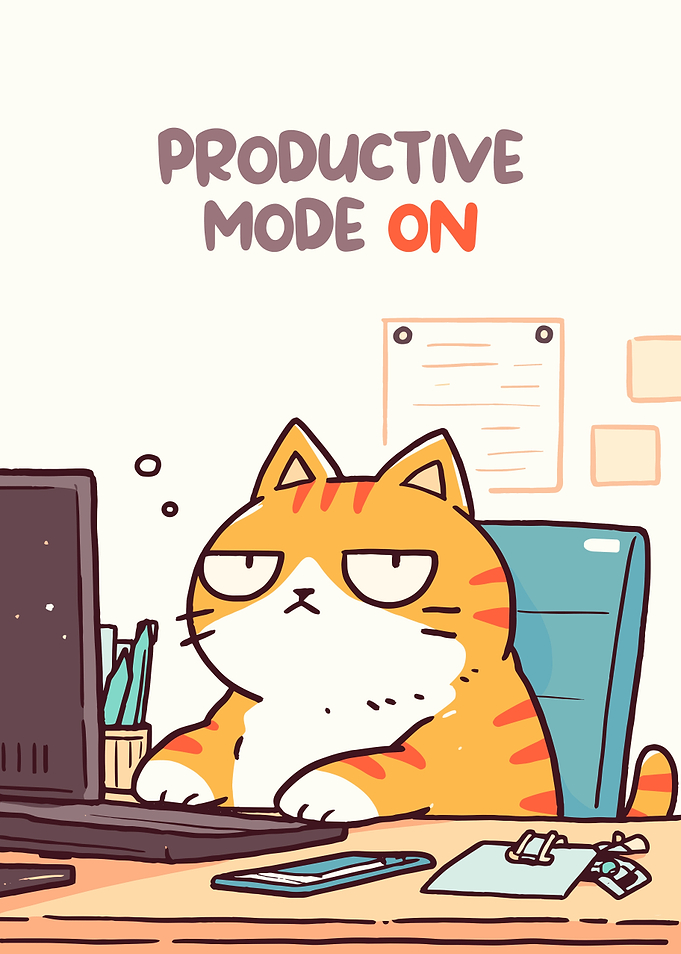 Productive Mode On Cartoon Cat