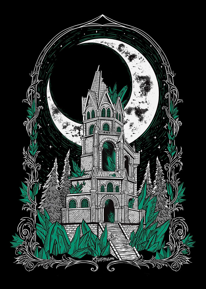 Crystal Gothic Castle Under Crescent Moon