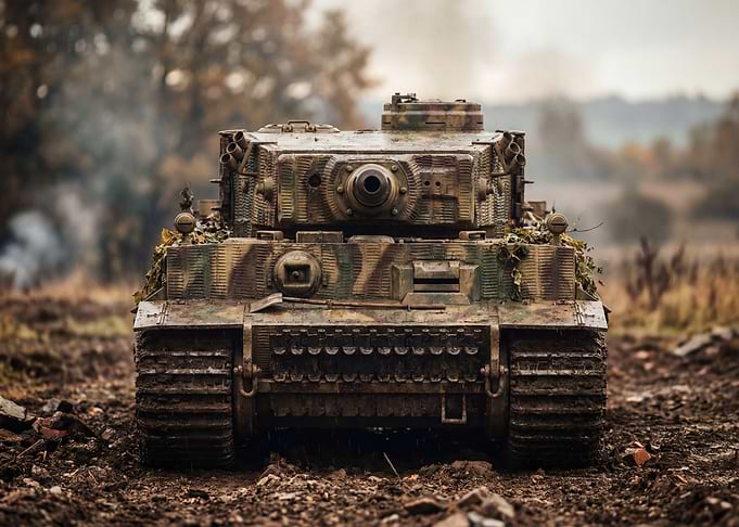 Camouflaged Tank in Muddy Field