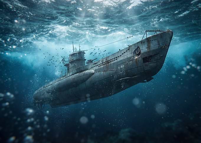 Submarine underwater with fish and bubbles