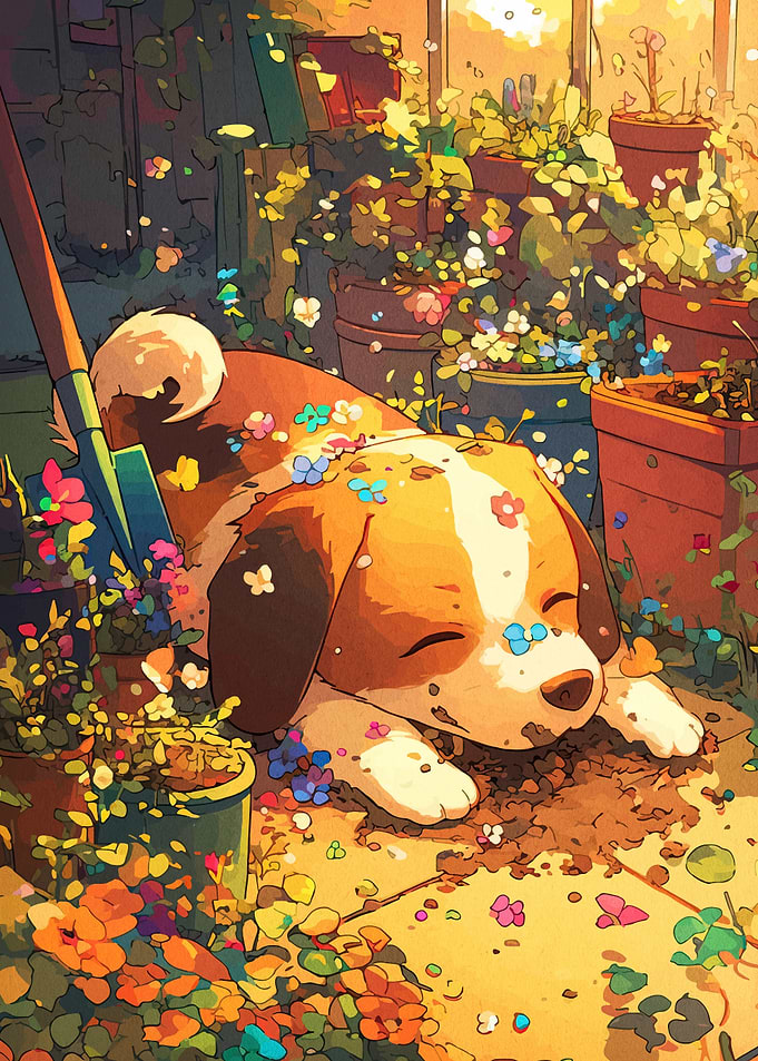 Dog Sleeping in Garden with Flowers