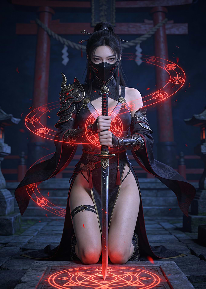 Masked Warrior with Sword and Magic Circle