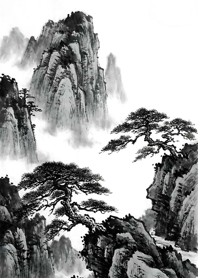 Atmospheric Peaks Traditional Monochrome Ink Landscape