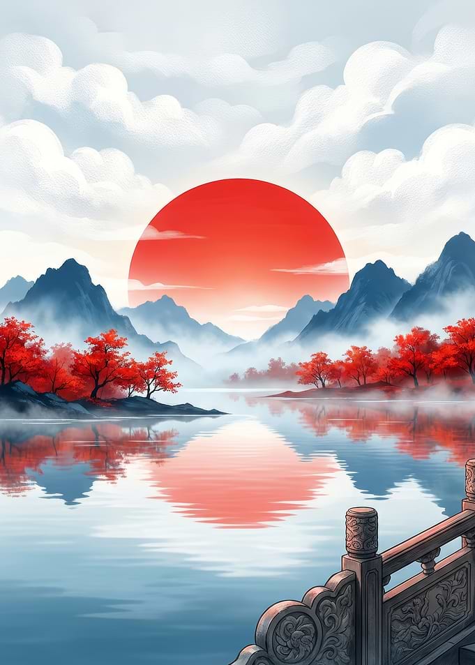 Red Sun Over Misty Lake