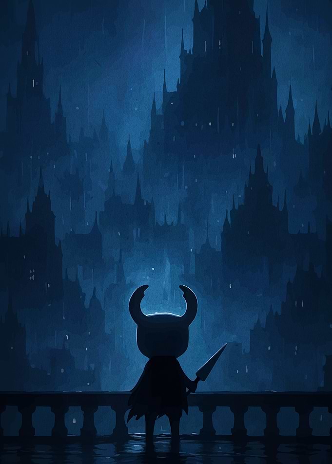 Hollow Knight in Blue Cityscape