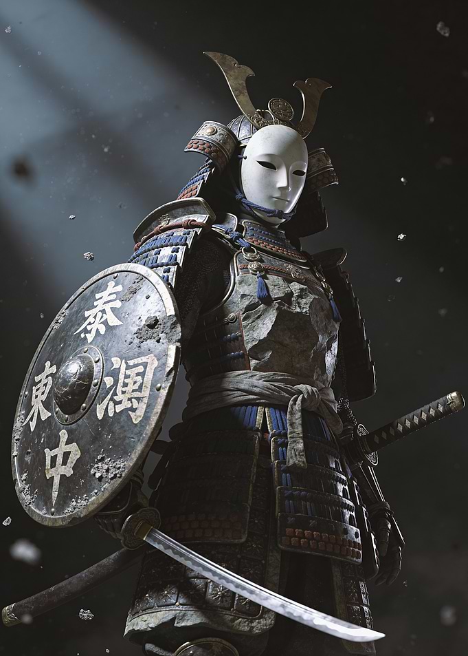 Samurai Warrior with Mask and Shield