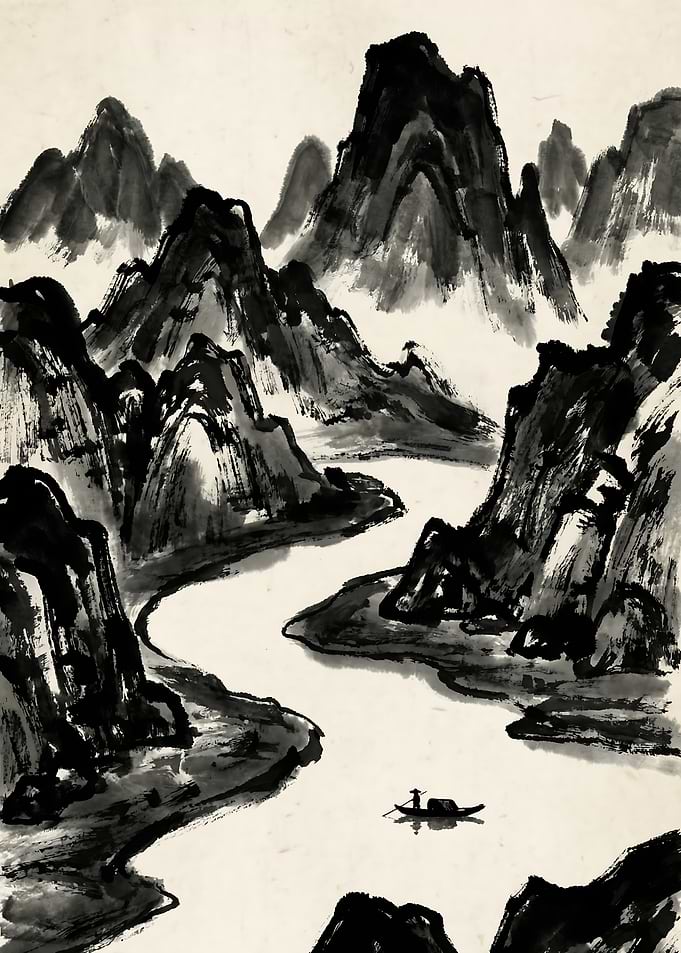 Serene Passage Minimalist River and Mountain Ink Study