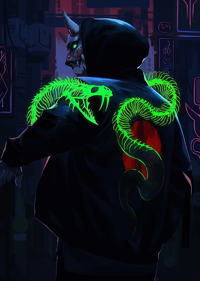 Cyberpunk Oni Mask with Snake Design