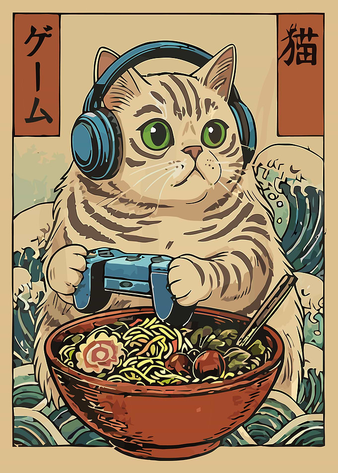 Gaming Cat Ramen Poster, Japanese Retro Anime Wall Art, Funny Gamer Cat Illustration Print