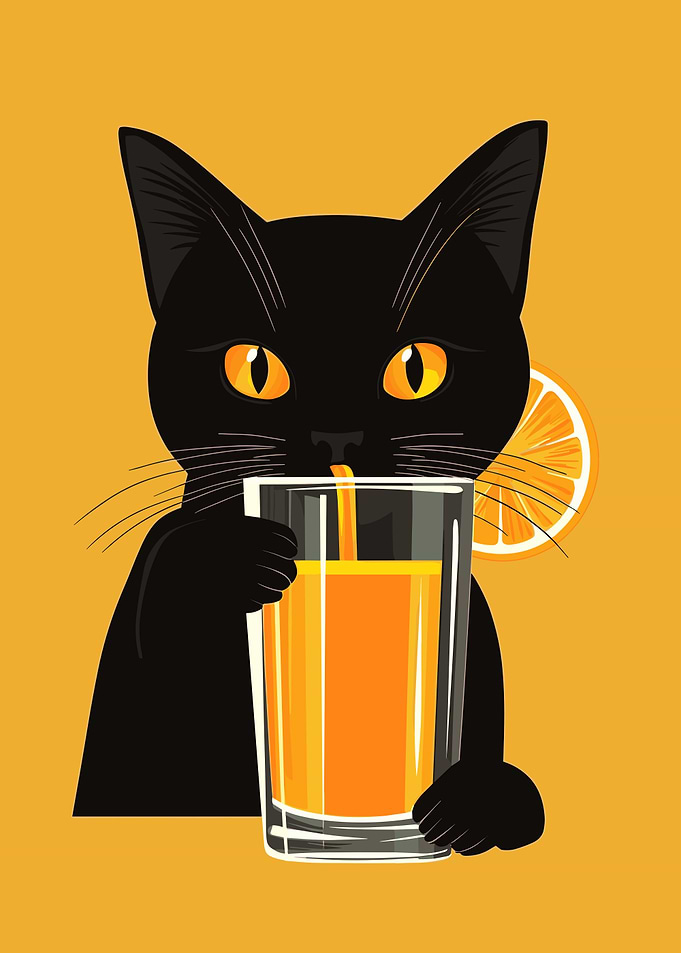 Black Cat Drinking Orange Juice