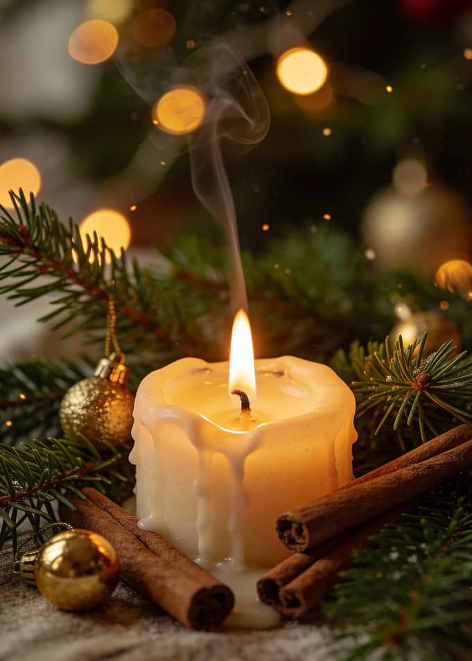 Festive Candle with Cinnamon and Ornaments