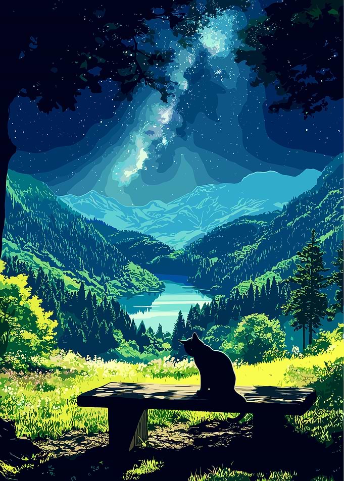 Cat on bench under starry sky
