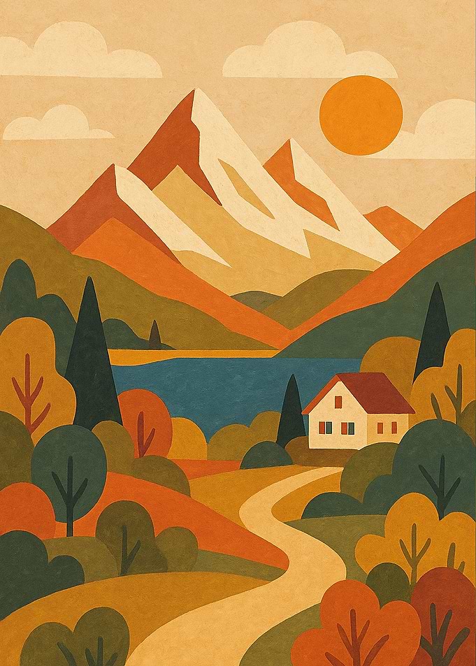 Autumn Mountain Landscape with House