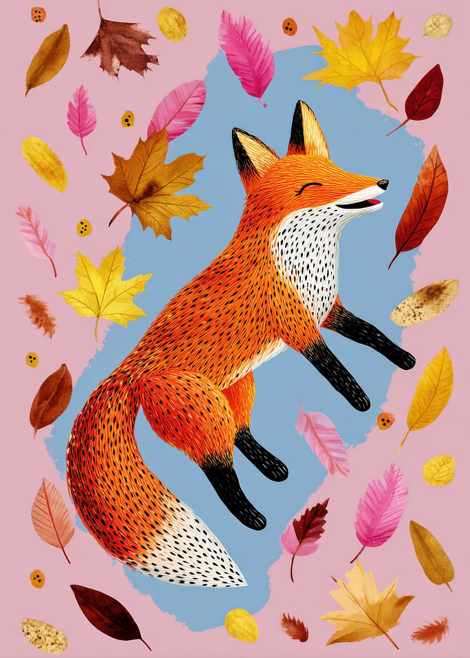 Happy Fox with Autumn Leaves