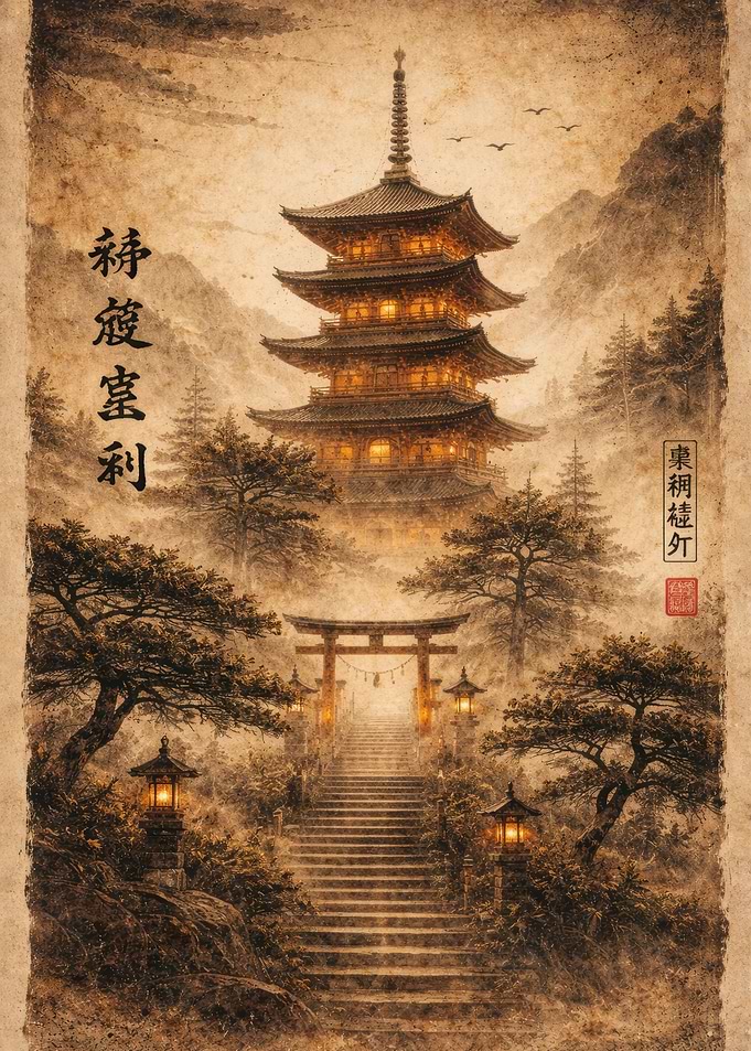 Japanese Pagoda and Torii Gate Landscape