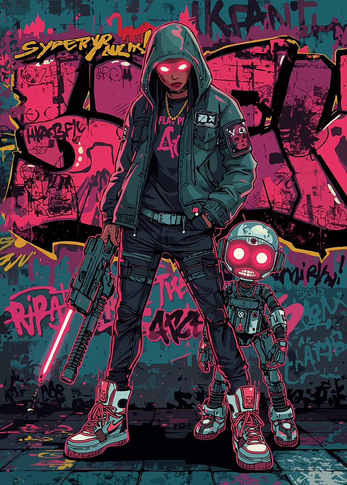 Fantasy of Cyberpunk Girl with Robot